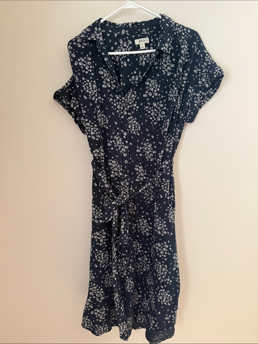 Style and Co Navy Floral Midi Shirt Dress with Tie
